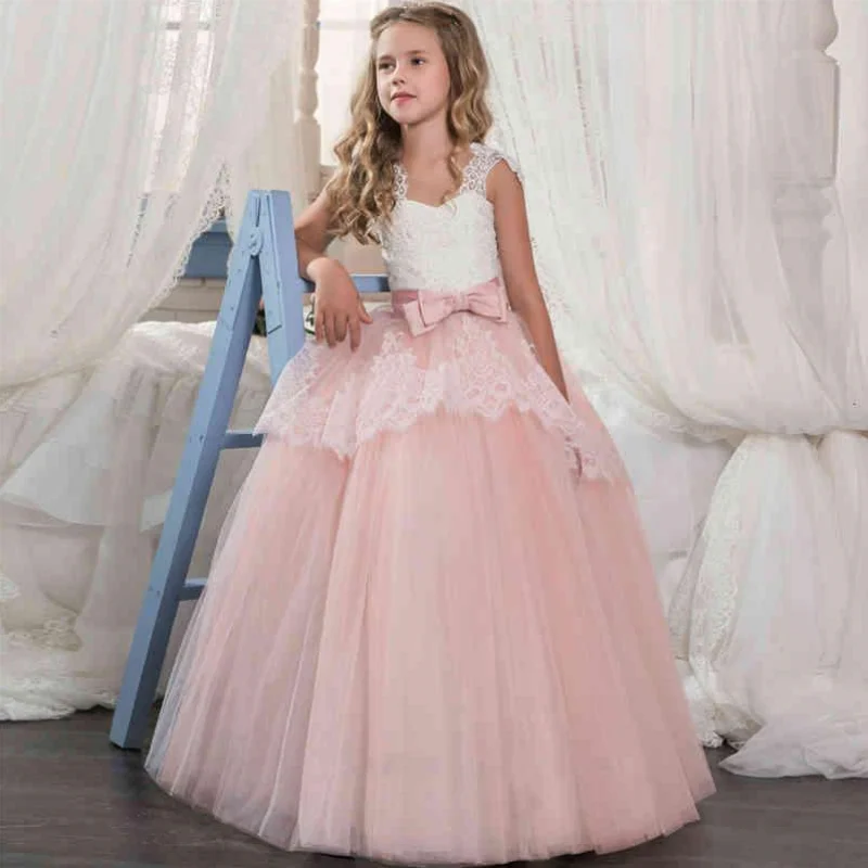 Pink Flower Girl Dresses Tulle Puffy White Lace Appliques With Bow Sleeveless For Wedding Birthday Party First Communion Gowns