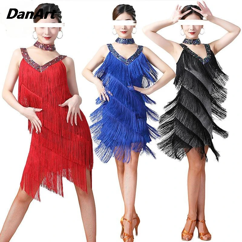 

New Ladies' Tassel Dance Dress Sequined Sling Fringe Dress V-neck Stage Performance Costume Competition Team Dress Jazz Cha Cha