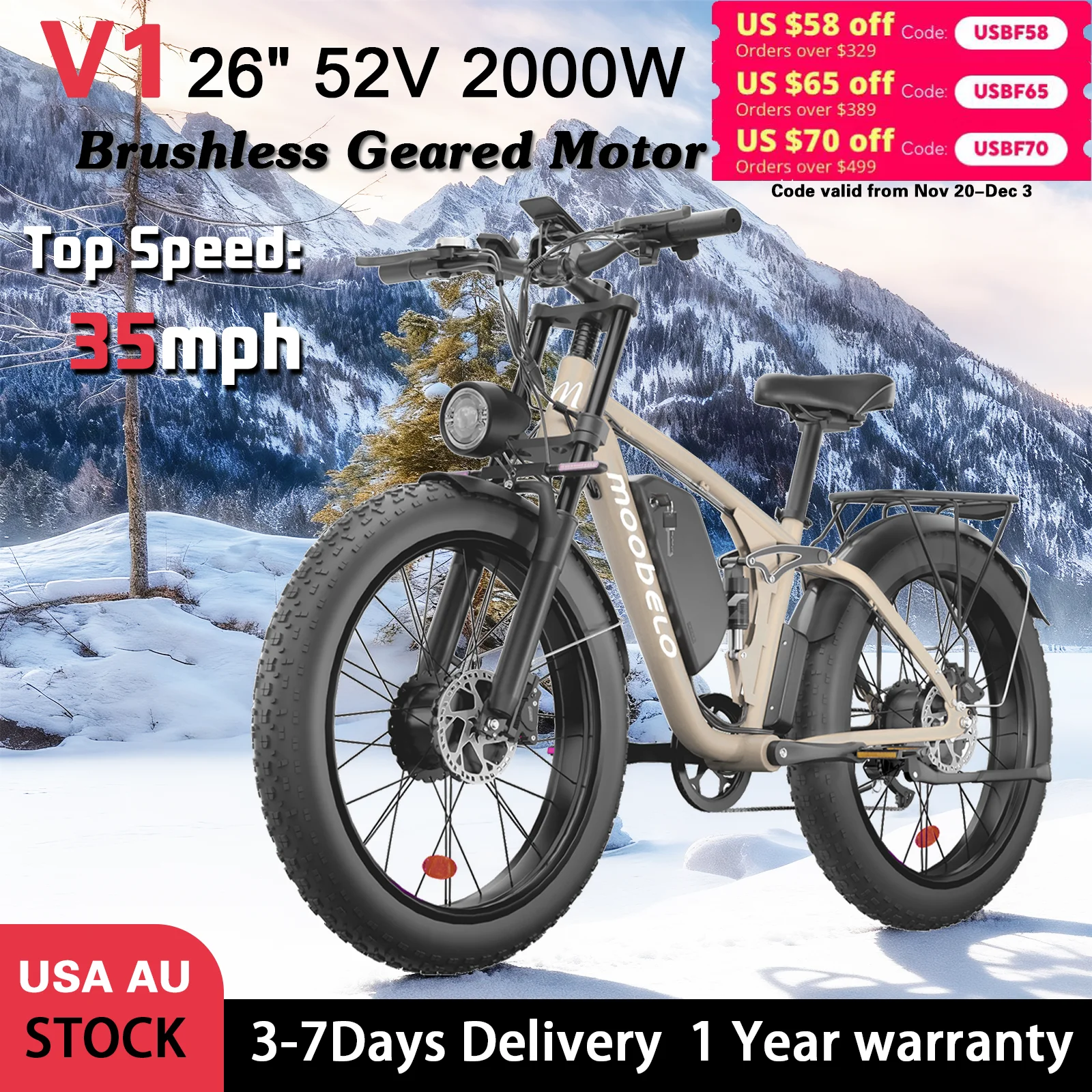 

US Local Delivery 2000W Electric Bike 52V 22.4AH Long Range 35mph 26" Fat Tire Waterproof All-Terrain EBike for Road Snow Beach
