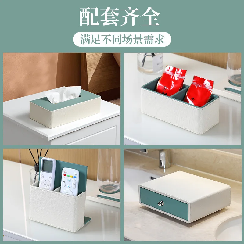 Hotel Room Storage Set with Custom Logo, Toothbrush Tray, Tissue Box, Trash Can & Remote Control Organizer view 2