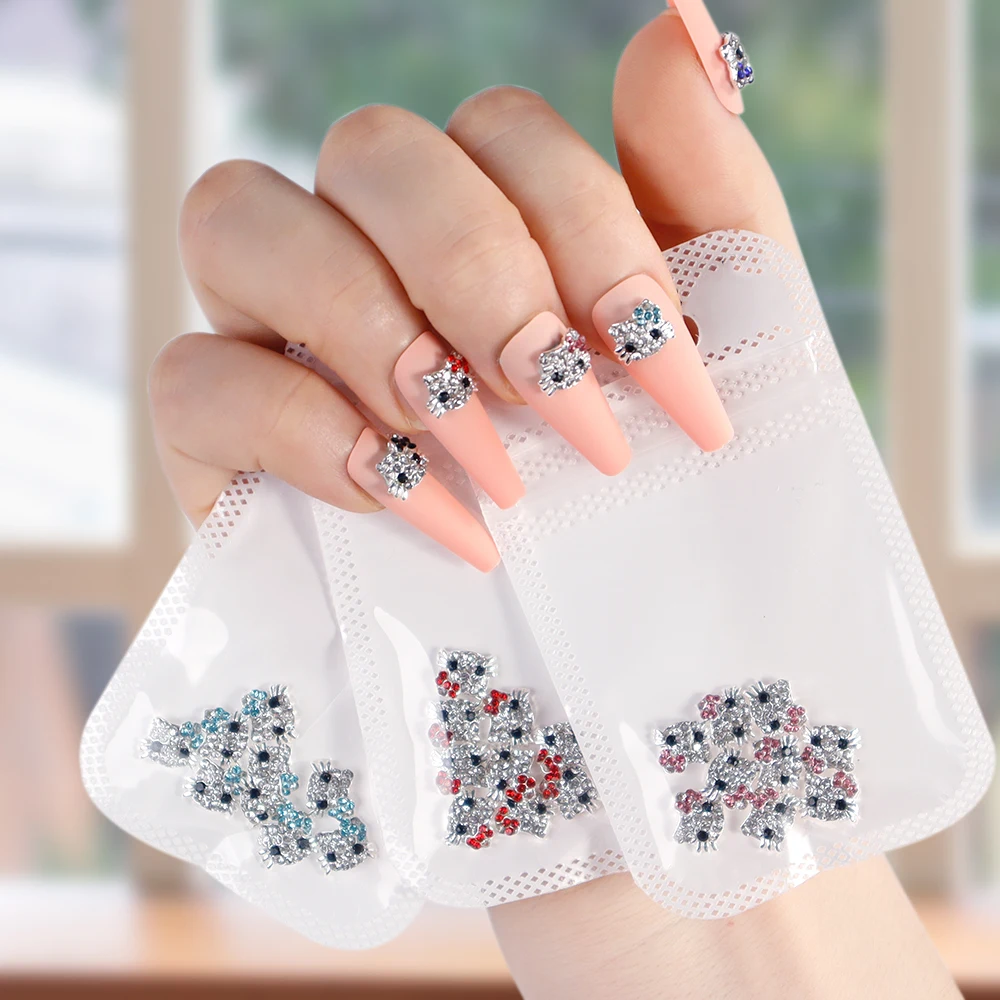 10Pcs 3D Shiny Diamond Hello Kitty Crystal Rhinestone 3D Red Blue Pink Kitty Cat Head Bow Gem Nail Charm Manicure Decoration