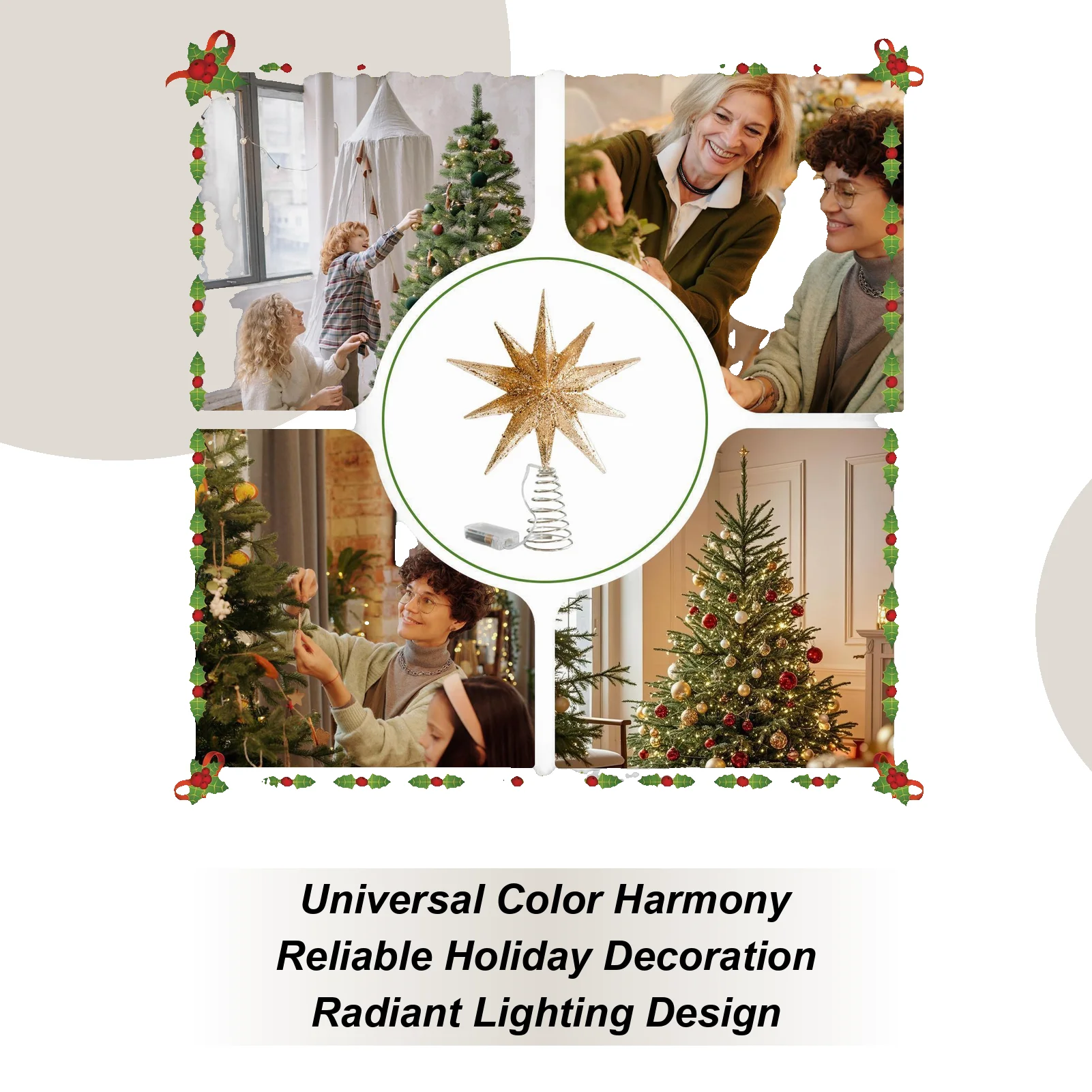 

Christmas Star Tree Topper With Lights Winter Holiday Treetop Decorations Pre-Lit Glittered Star Treetop For Office Indoor Home