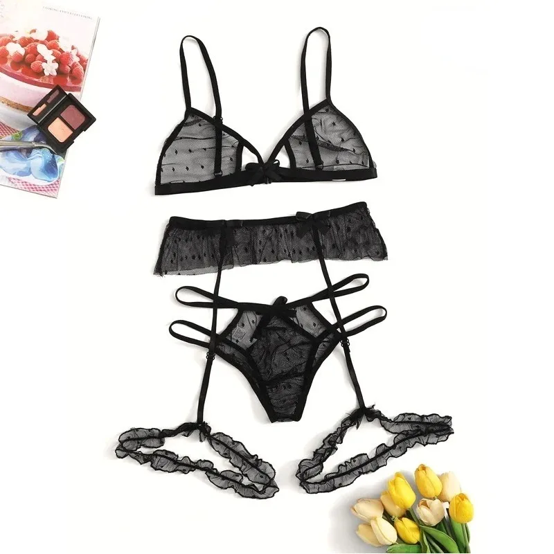 

Sexy Bra Set Transparent See Through Bra and Panty Set with Garter Perspective Mesh Lace Lingerie Set Ladies Underwear