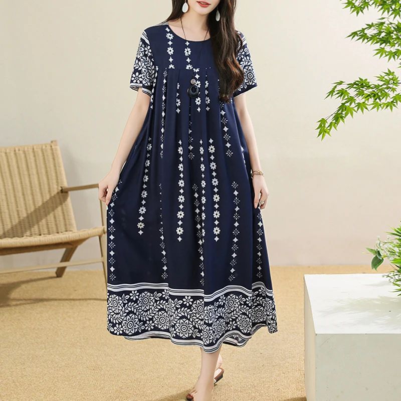 New 2025 Summer Dress For Women Plus Size Dress Casual Short Sleeve Boho Vintage Print Long Maxi Dress Beach Women Clothing
