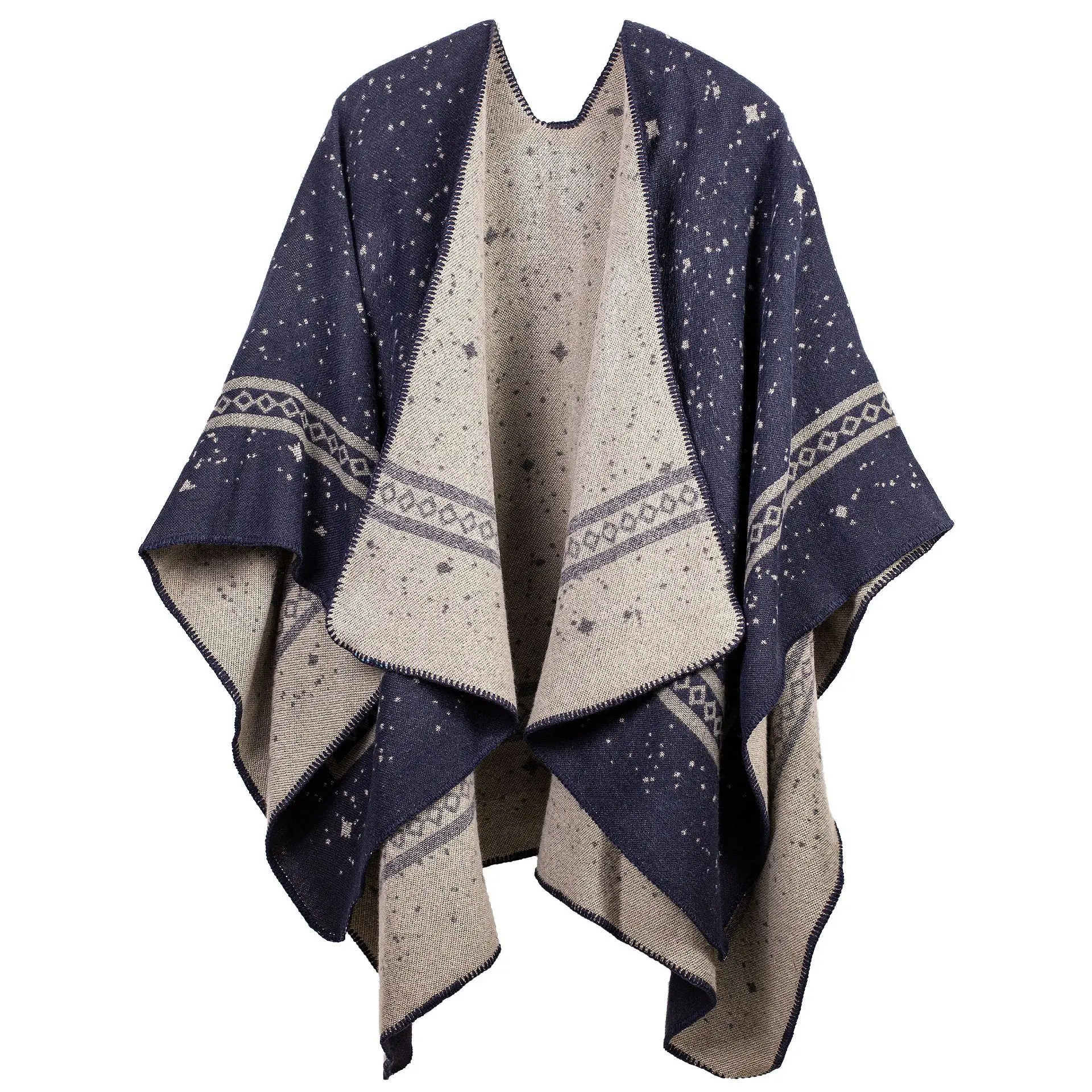 Autumn Winter New printing Cardigan Imitation Cashmere Warm Casual Women Shawl Poncho Capes Lady Coat Blue