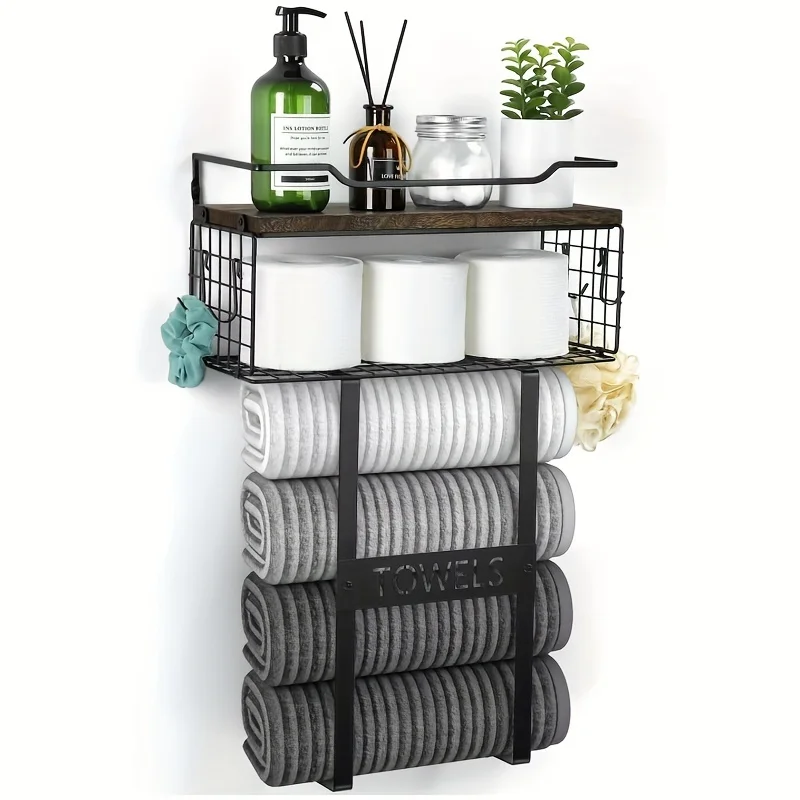 

Space-Saving Wall-Mounted Bathroom Towel Rack &Shelf.Perfect for above toilet storage.Organize and decorate your bathroom easily