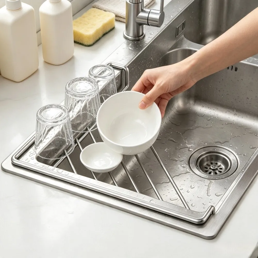 Kitchen Sink Corner Drain Rack Stainless Steel for Sponge Scouring Pad Drying Dishes Fruits 31x22x2.5cm Space Efficient
