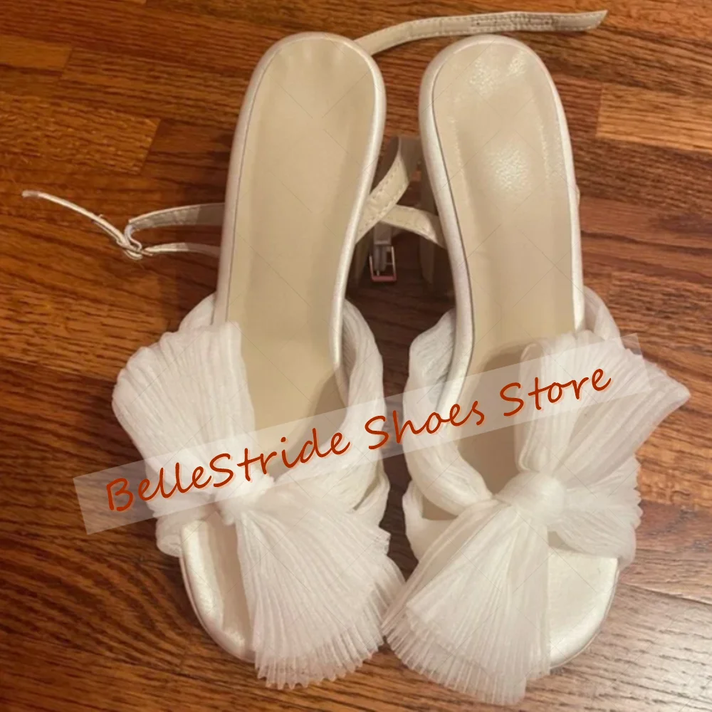 Damasco malha arco nó decoração sandálias fivela cinta sapatos femininos grossos saltos altos festa banquete namoro 2025 zapatos para mujere