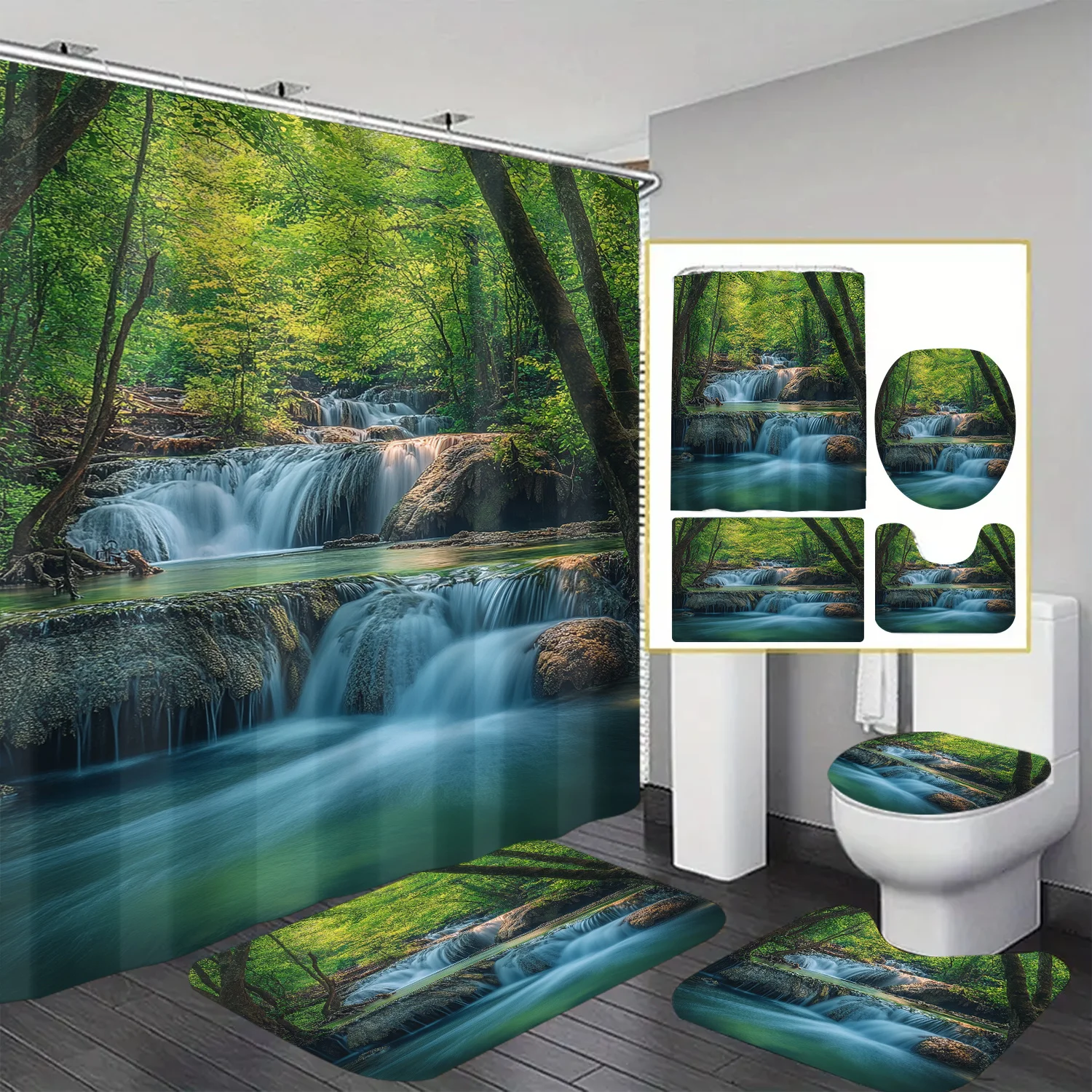 

Stream Theme Shower Curtain 12 Hooks Suitable for Room Home Hotel Machine Washable Window Curtains Bathroom 4pcs
