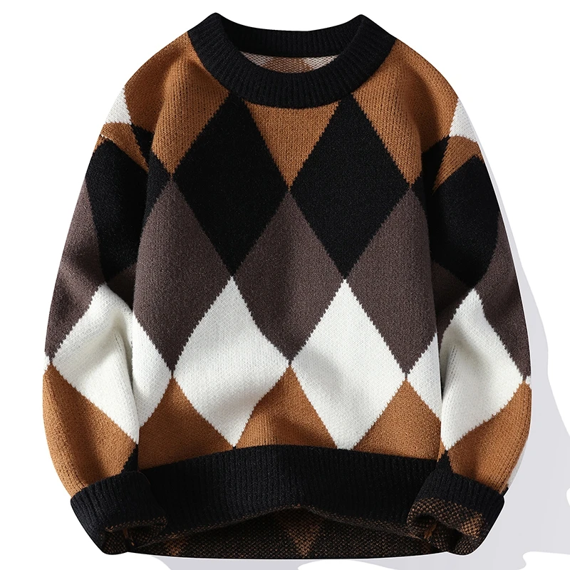 New Fall Winter Men Harajuku Exercise Style Wool Sweater Top Quality Fashion Men\'s Knit Pullovers Soft Warm Male Argyle Sweaters