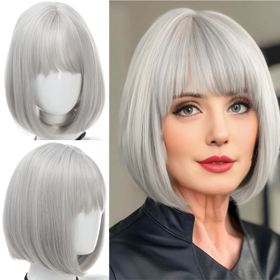 

Synthetic 12inch silver gray short hair wig with bangs one cut hairstyle air bangs Bob wig bobo head cosplay wigs Christmas gift