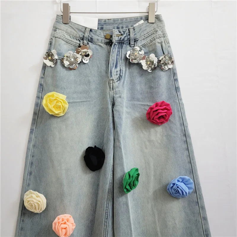 DEAT 2024 Autumn Fashion New Items Flower Sequin Decoration Jeans For Women High Waist Straight Wide Legs Denim Pants 11A0521