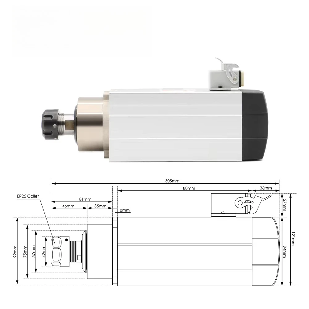 2.2kw ER25 air Cooled Spindle 220v/380v Without Flange 4pcs Ceramic Ball Bearigs CNC Wood Working Spindle Motor