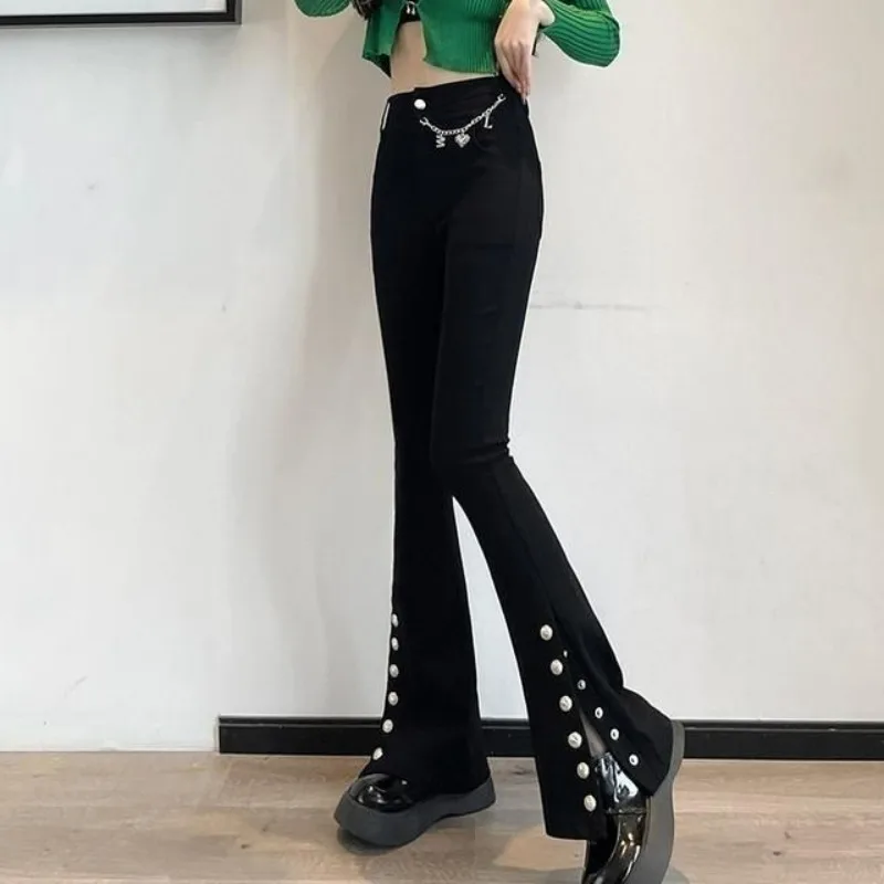 

Women Korean Fashion Retro Chain Buttons Harajuku Black Flare Pants Y2K Female Skinny Stretchy Trousers Autumn Winter Pantalones