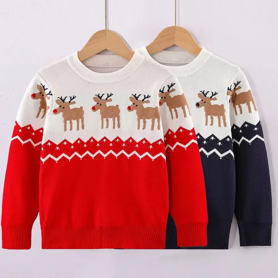 

Children Casual Tops Knitwear Elk Knitted Sweater Full Sleeve O Neck Warm Christmas Pullover Kids Outfits New Year Clothes