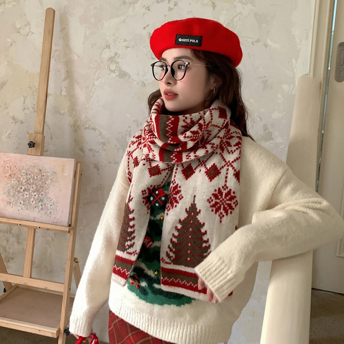 Guke 2024 New Year's Christmas cute red elk wool scarf 2024 new Japanese high-grade feeling warm shawl lovers