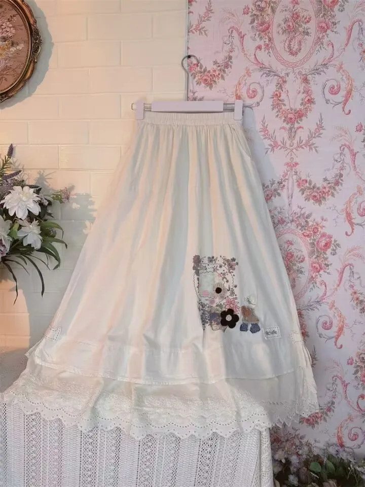 

Spring Autumn Women's Embroidered Casual Skirt Slimming Fresh Elastic Waist Japanese Style Forest System Women's Clothing