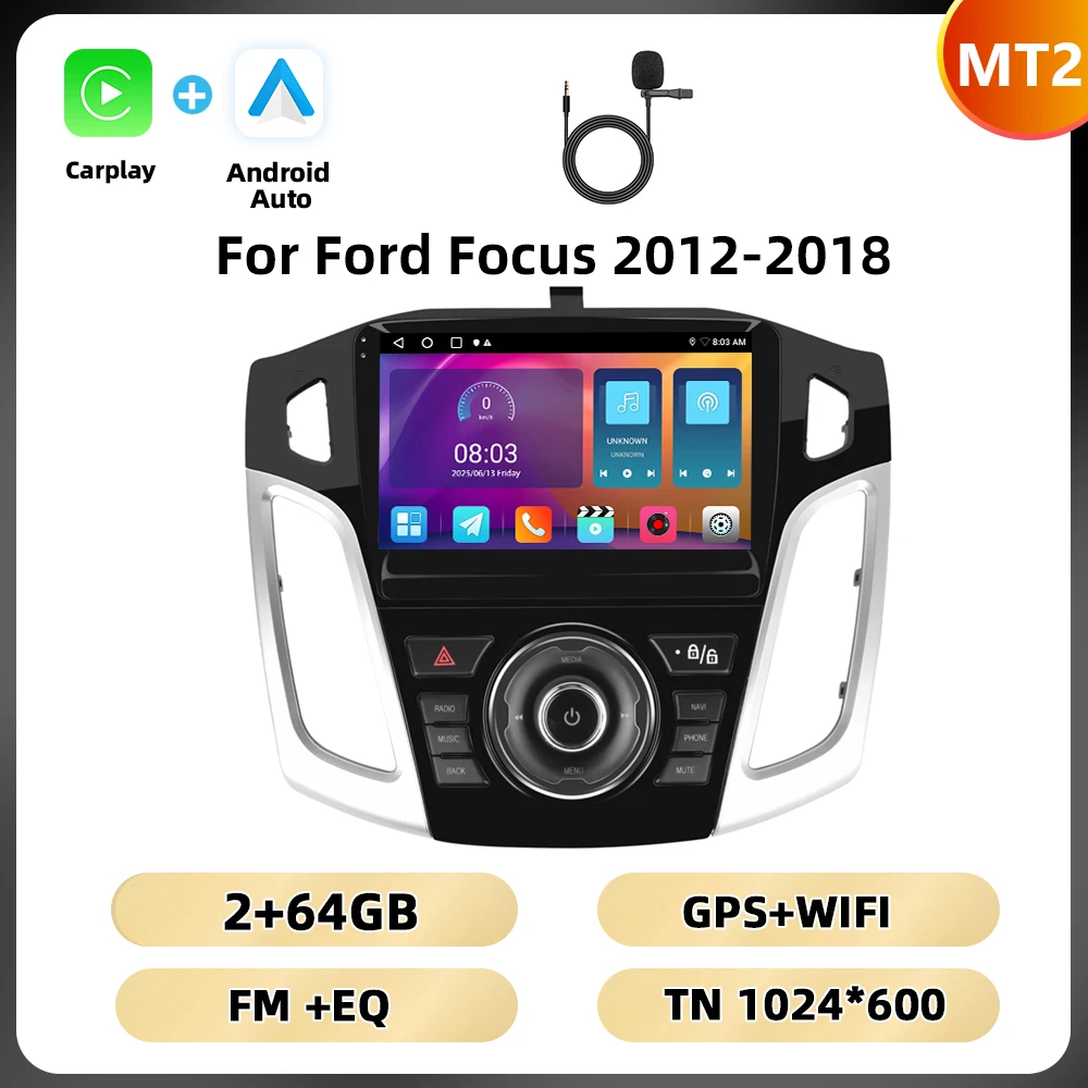 Podofo 2Din 8 + 128G Autoradio Voor Ford Focus 2012-2018 Multimedia Speler AI Voice WIFI 4G Carplay Android Auto USB Spiegel Link