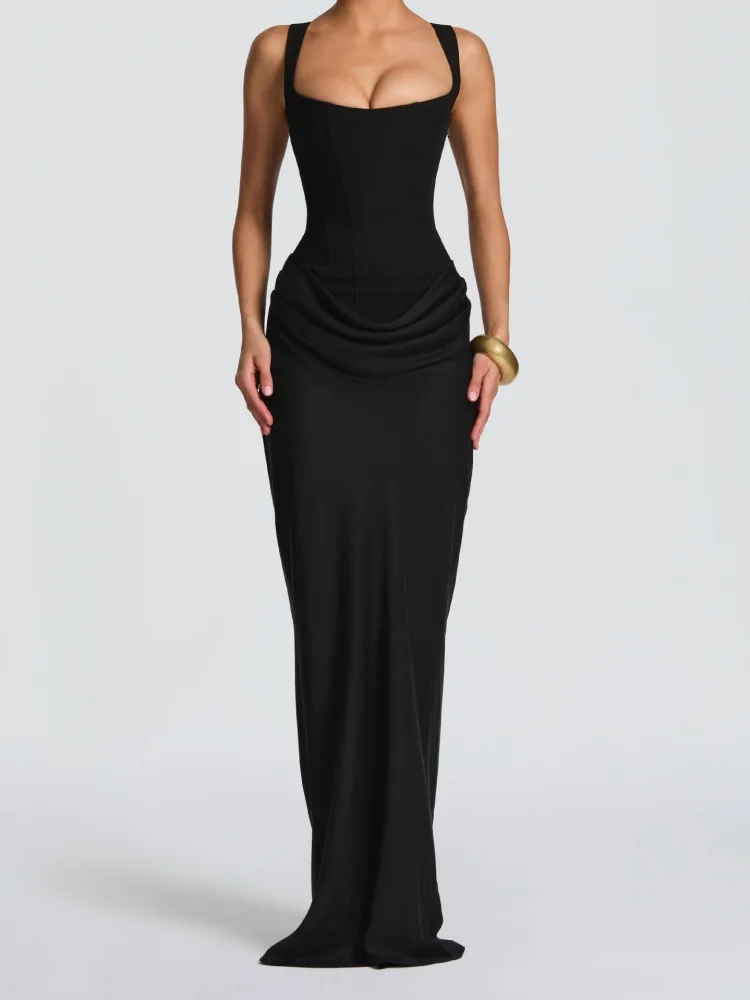 VC Vestidos de noche ajustados de satén marrón para mujer – Vestido largo elegante con escote cuadrado y cintura drapeada para fiestas y eventos formales