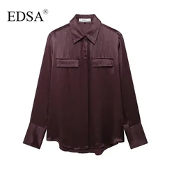 EDSA Women Satin Shirt with Double Flap Pockets Long Sleeves Rounded Asymmetric Hem Blouse Single Breasted Concealed Button-up