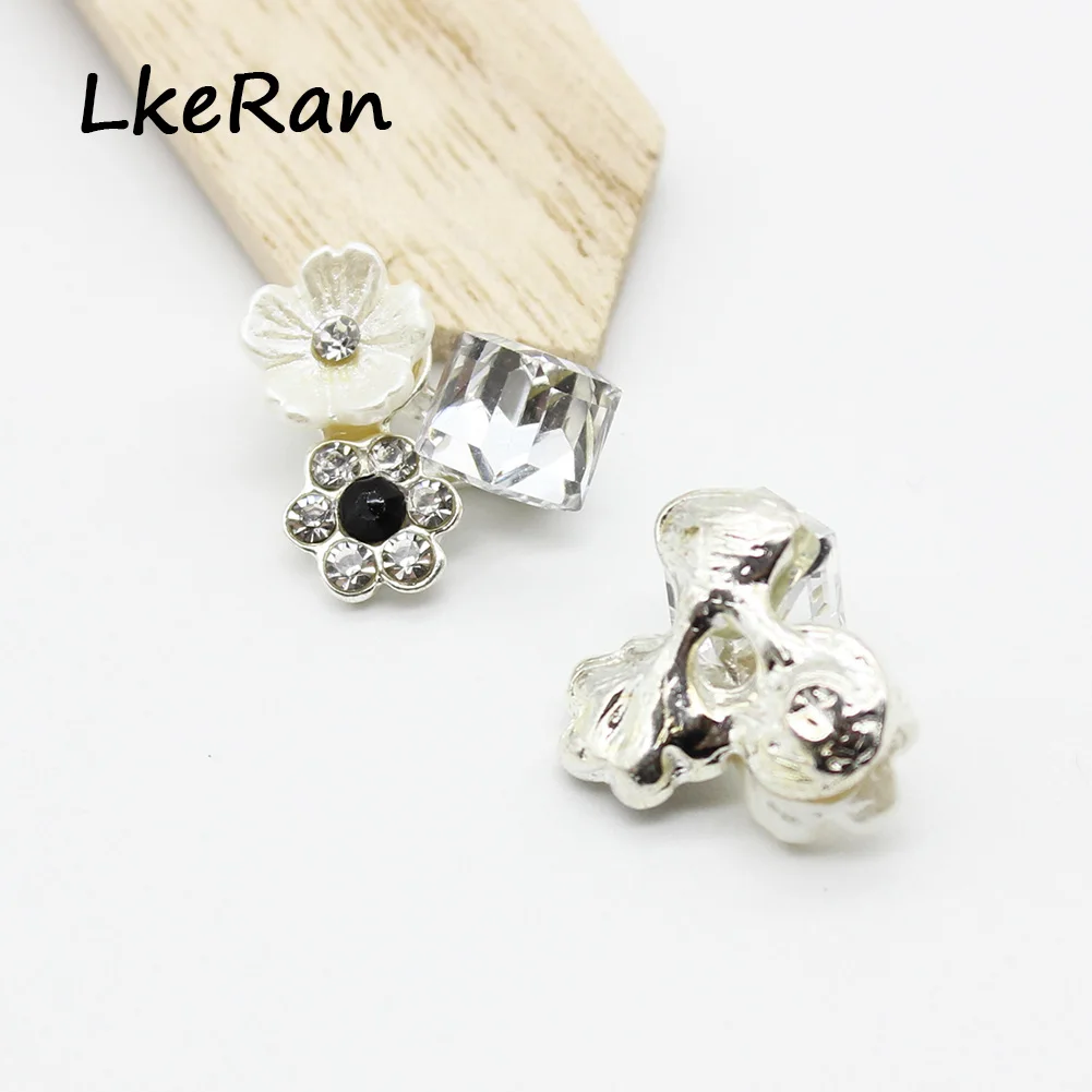 LKERAN 10Pcs 14x15mm Creative Crystal Flower Button For Clothing Flat Back Metal Wedding Decorative Accessories