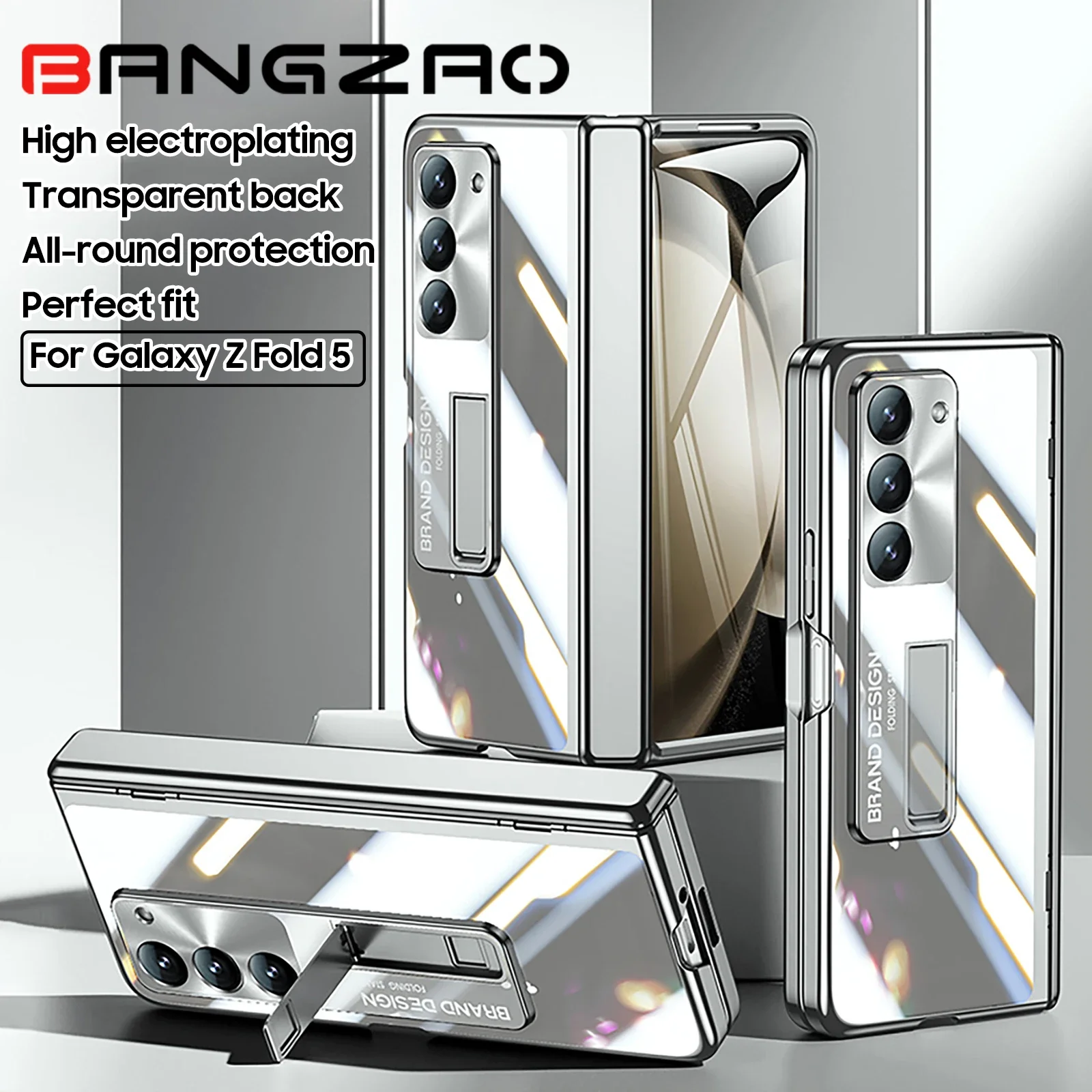 

for Samsung Galaxy Z Fold 5 Phone Case,with Kickstand,Integrated HD Protective film,Hinge Protection,Anti-scrach Case-Silver