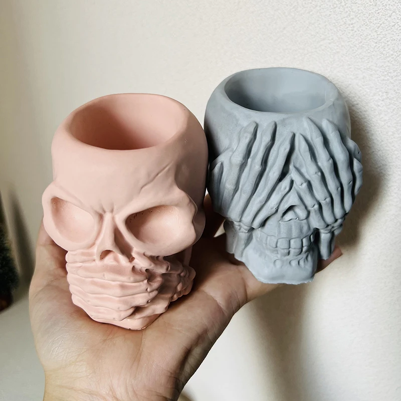 Large Skull Mold Indoor Plant Pot Cement Casting Mold Ghost Candle Holder Candle Cup Container Silicone Mold Halloween DIY Decor