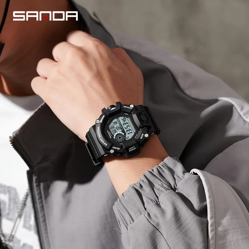 SANDA-Reloj de pulsera para hombre, cronógrafo electrónico con movimiento Digital, esfera luminosa con pantalla Led, resistente al agua, para