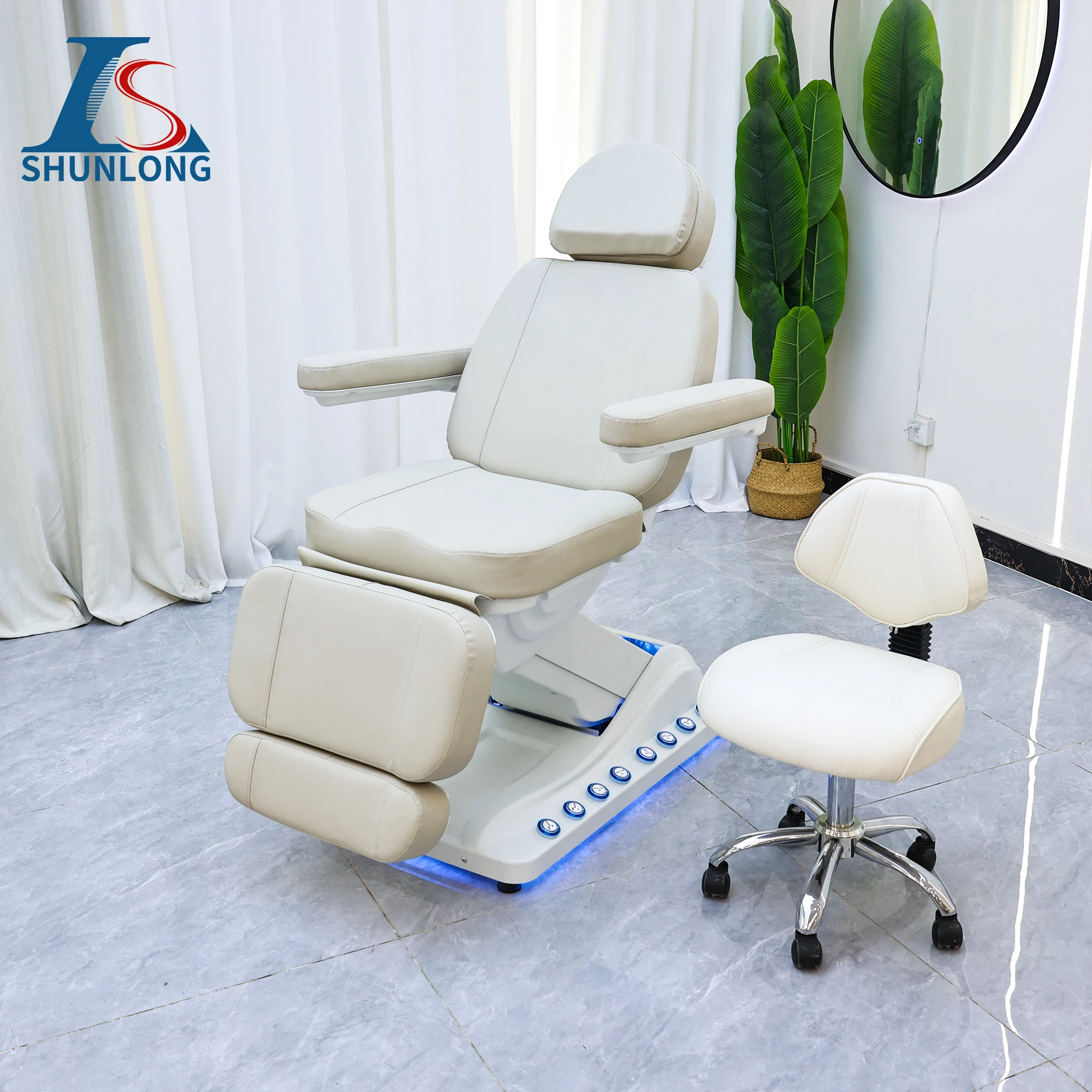 Electric Podiatry Chair Beige PU Split Leg Design LED Ambient Light 3 Motors Remote Control Reclining Pedicure Chair With Stool