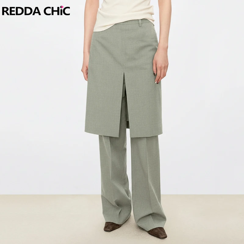 

REDDACHiC Women Skirt Layered Suit Trousers Cleanfit Fake Two-piece Loose Low Rise Dress Pants School Work Minimalist Clothes