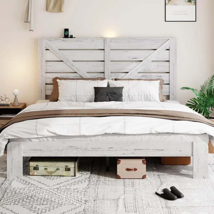 King Size Bed Frame with Headboard Farmhouse Style Platform with LED Lights USB Charging No Box Spring Easy Assembly WhiteFrame