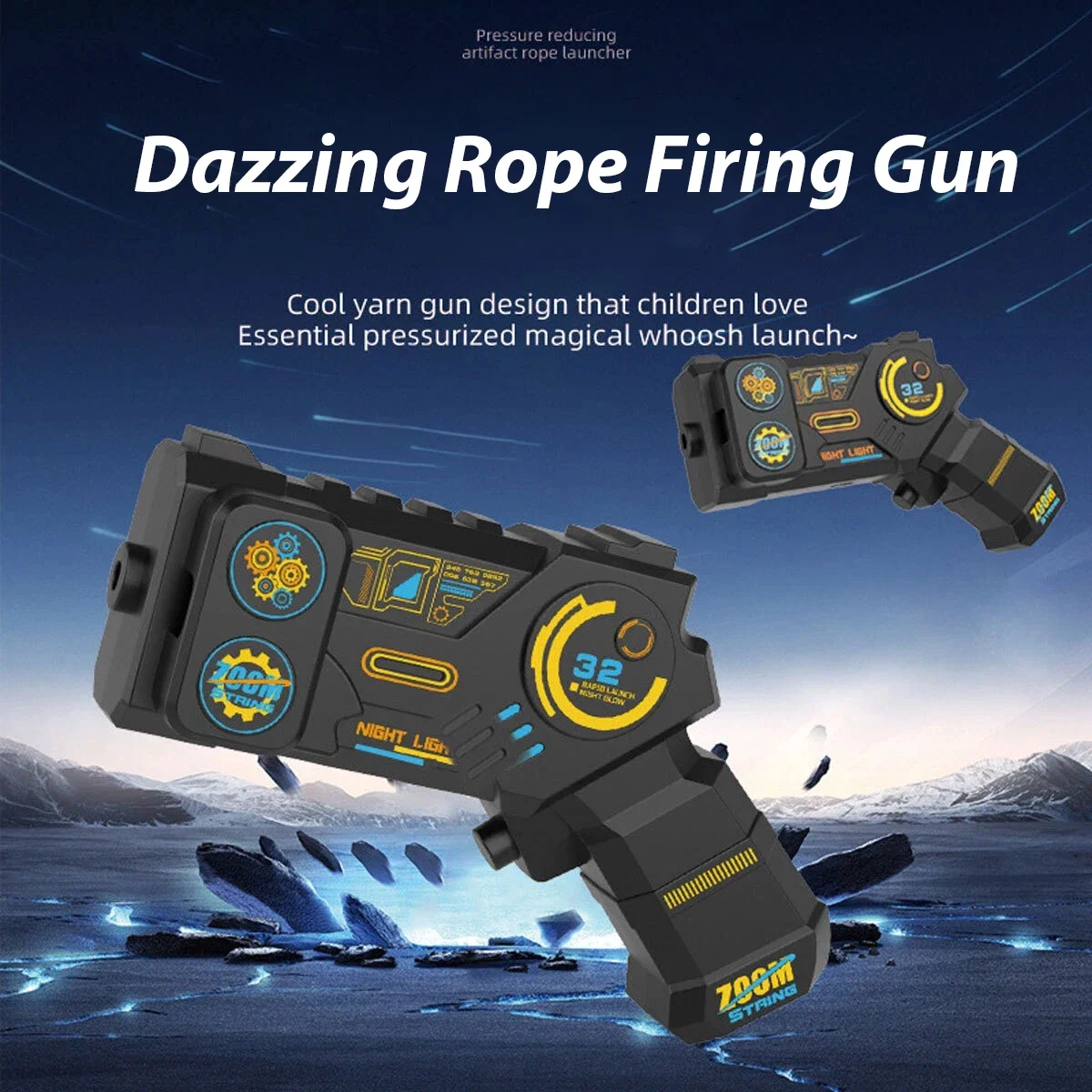 Giocattolo lanciatore di corde che si illumina al buio, pistola a corda elettrica portatile luminosa, giocattolo per feste notturne Fidget antistress per bambini