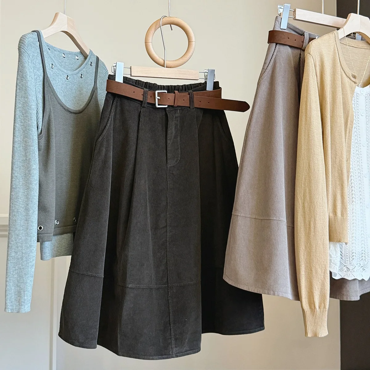 Seoulish Women 2026 Autumn New Corduroy Midi Skirt with Belt High Waist A-line Loose Mid Long Skirt Ladies Elegant Skirt Ladies