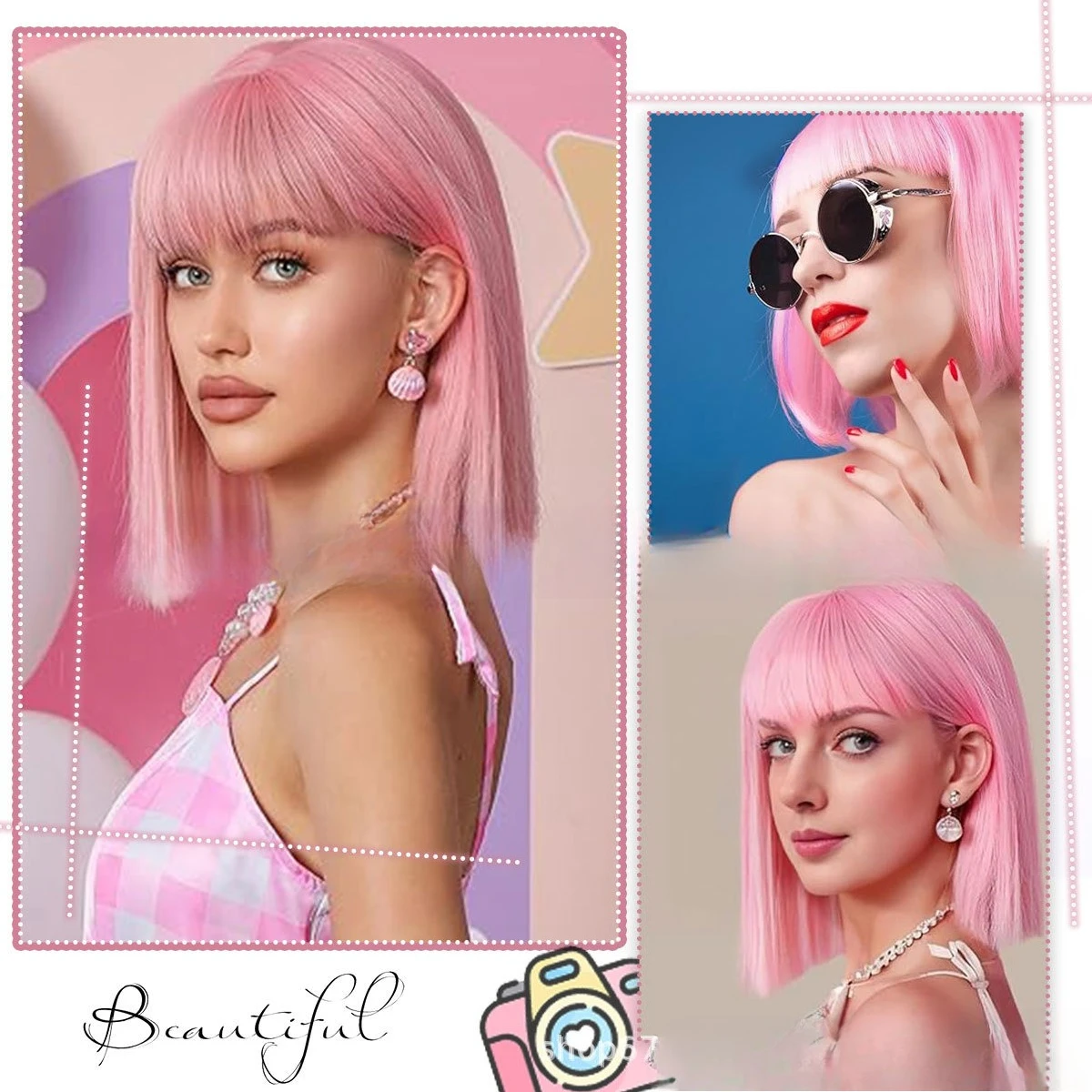 

Wig Girl Pink Short Hair Bobo Hair Hairstyle Repair Age Reduction Sweet Cool Girl Fluffy Short Straight Hair Full Headgear