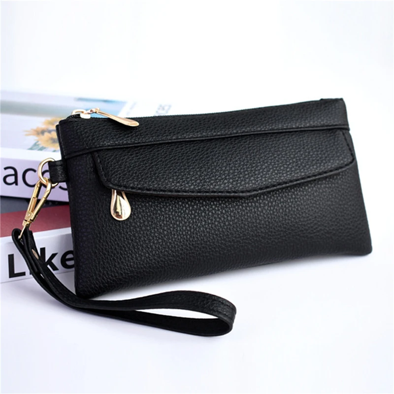 Cartera portátil de moda para mujer, bolso de mano largo de cuero PU, monedero, bolsillo para teléfono, monedero