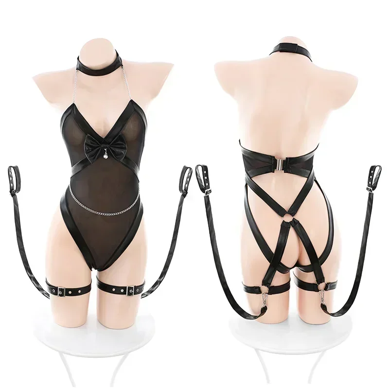 Bdsm Suit Women Sexy Lingerie PU Leather Handcuffs Bracelets See-through Bodysuit with Wrist and Leg Ring Erotic Set