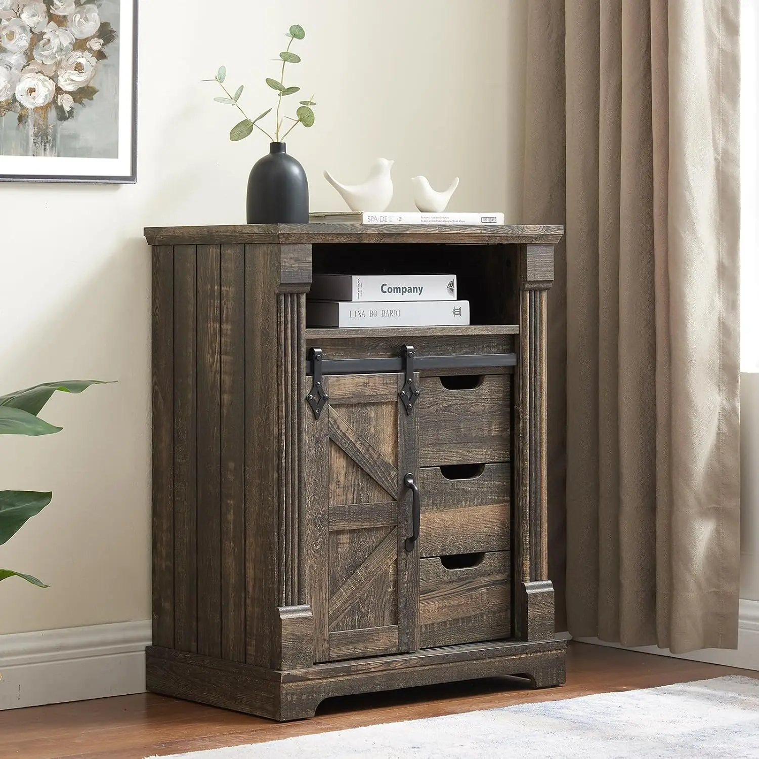 

Farmhouse Bathroom Cabinet, Freestanding Small Storage Cabinets with Barn Door and Three Drawers, Wooden Console Entrywa