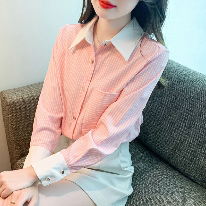 Pink Long Sleeve Office Blouses for Women Striped Tops Elegant Shirts Work Wear Spring Streetwear Korean Style Camisas Y Blusas