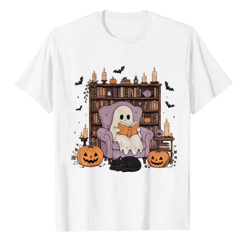 Cozy Reading Ghost Purple Armchair Halloween T‑Shirt Vintage Bookshelf Pumpkin Black Cat Candle Bat Witchy Cotton Casual Tops