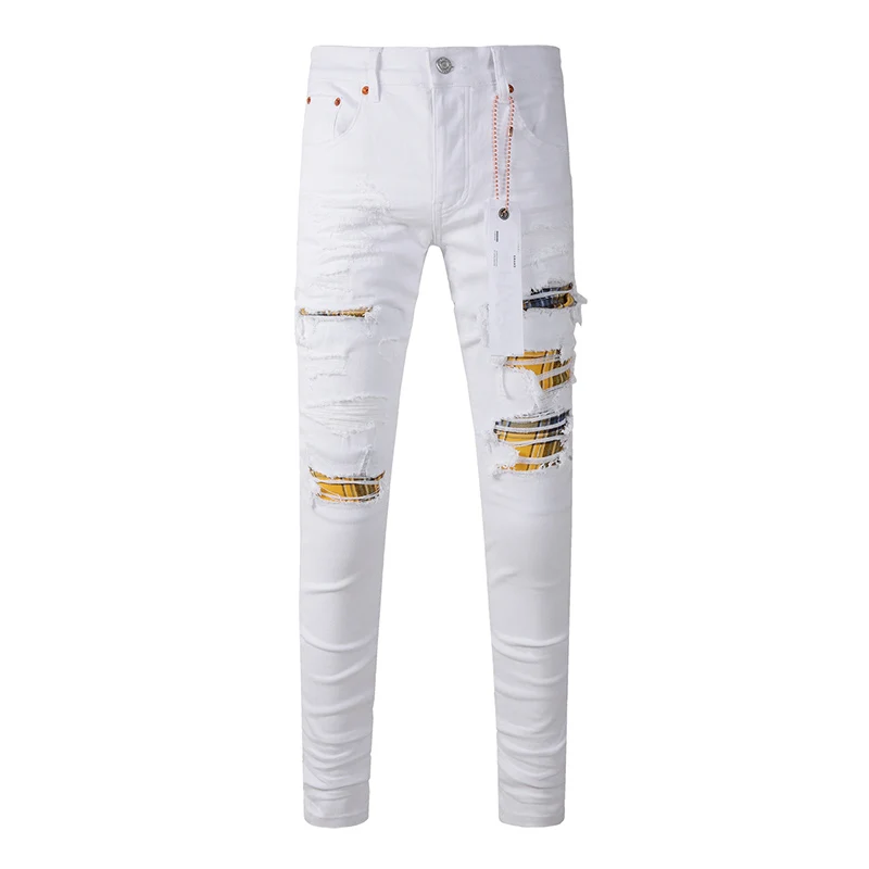 

Summer's White Distressed High Stretch Skinny Streetwear Button Fly Ripped Destroyed Holes Bandanna Patchwork Jeans Pants