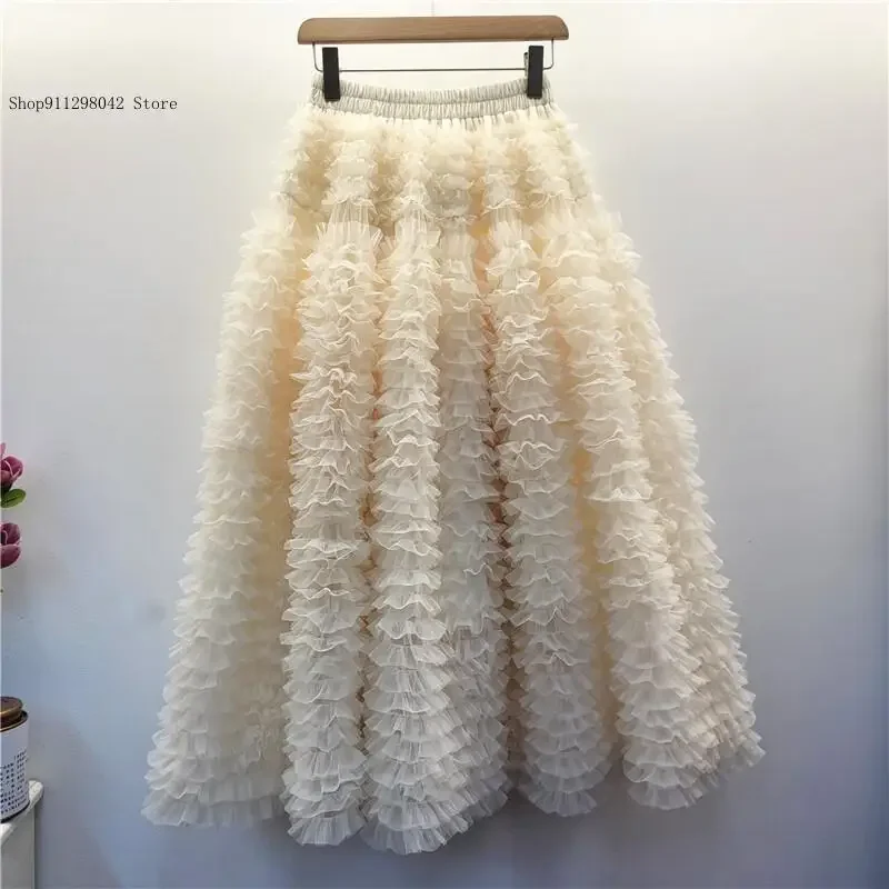 Summer Colorful Sweet Age Reducing Pleated Pure Color Mesh Medium Long Fluffy Skirt Cake Skirt for Women