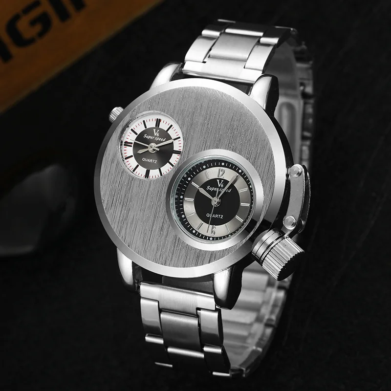 V6 Men's Double Dial Steel Watch - Silver - alternate angle