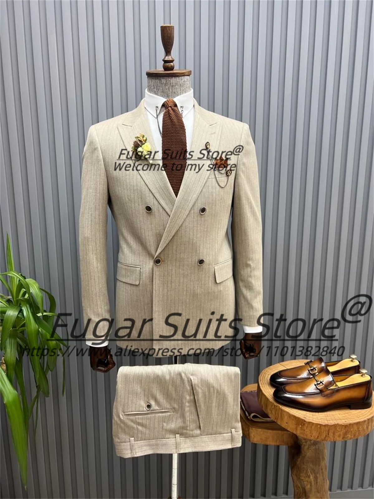 French Business Beige Stripe Men Suits Slim Fit Peak Lapel Double Breasted Groom Tuxedos 2Pcs Classic Male Blazers Costume Homme