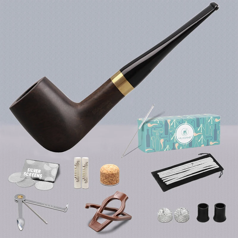 JIBILL classic straight handle billiard pipe sandalwood tobacco pipe set metal decorative ring 9mm pipe channel with clean set