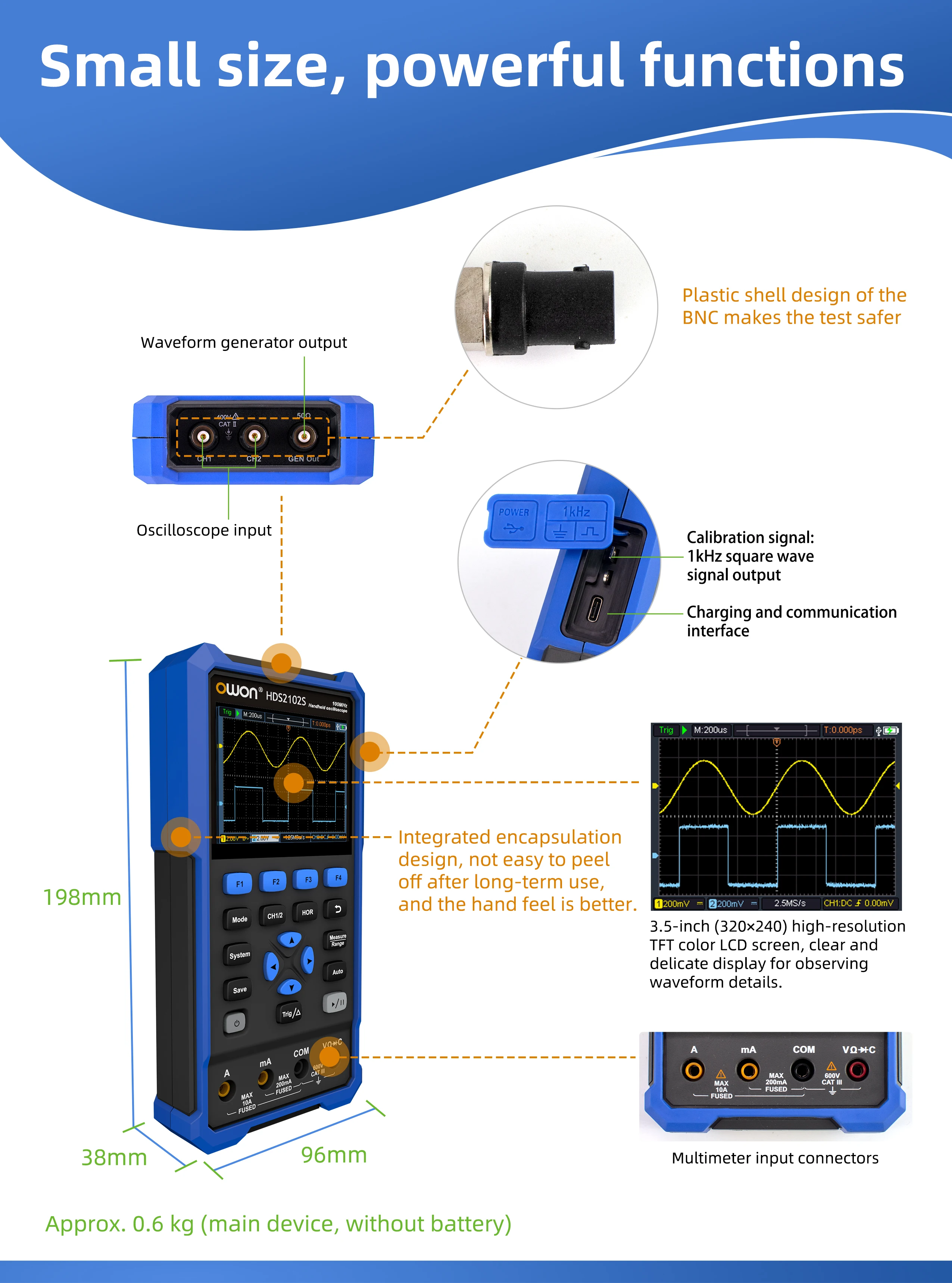 OWON HDS2202S HDS200 Serie Handheld Digital Oszilloskop 200 MHz 1GS/s 3 In 1 2 Kanäle Osciloscopio Multimeter + 1CH Generator – Detail 4