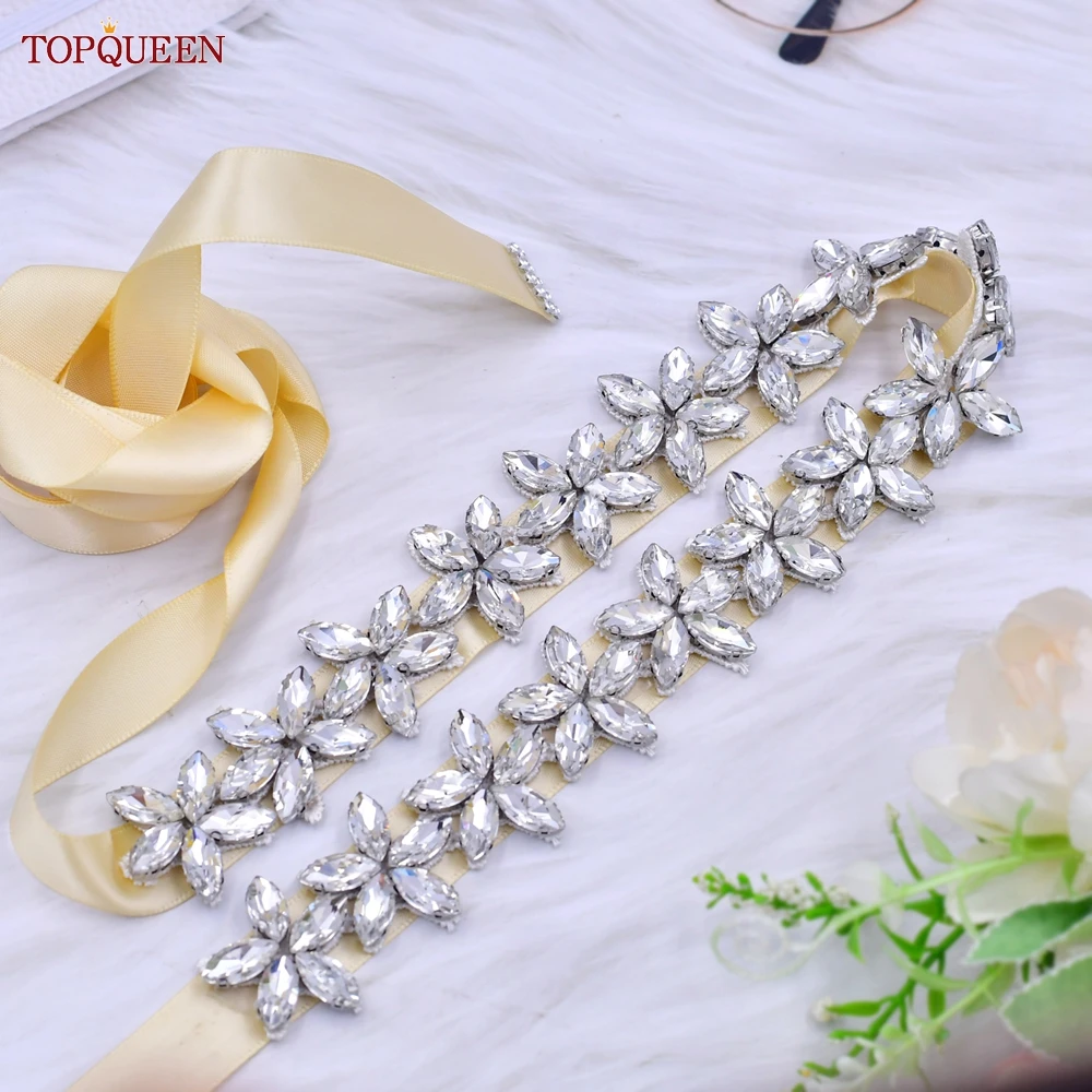 

TOPQUEEN Silver Rhinestones Applique Bridl Accessories Female Woman Moroccan Wedding Satin Belt Bridal Sash Belt S96