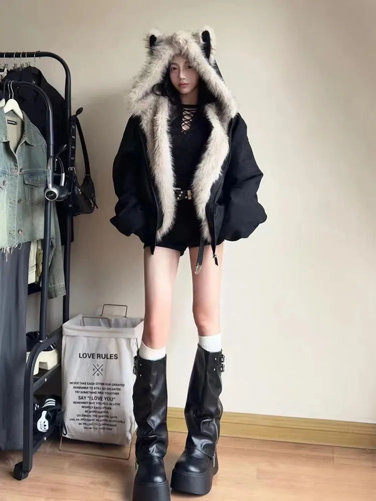 

Fluffy Fur Collar Women's Cotton Jaet Thiened Winter New Sle Embellied Zipper Closure Long Sve Hooded Color ...