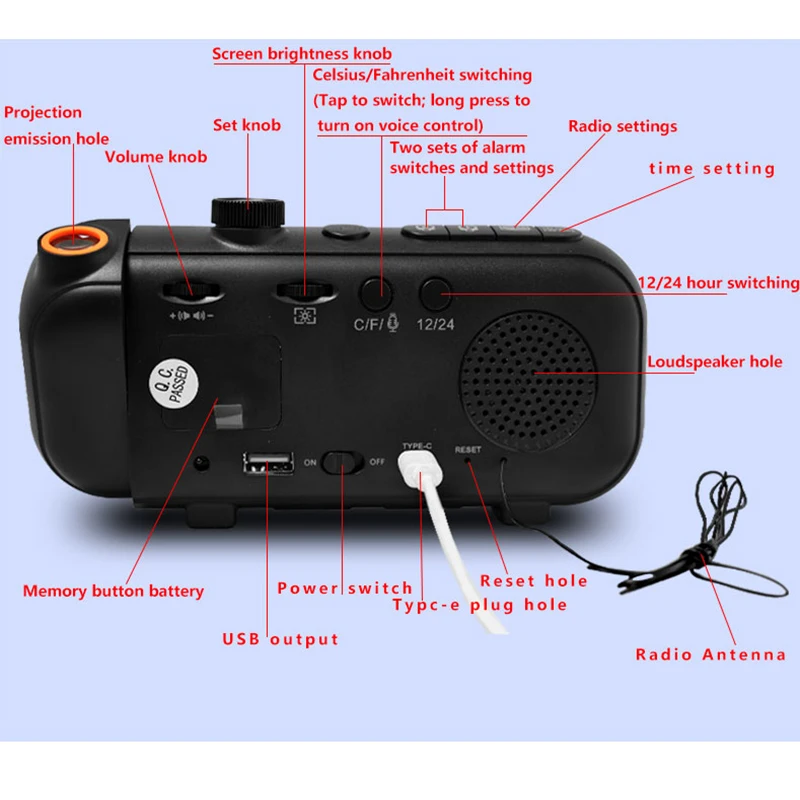 1pc FM Radio 180° Projection Alarm Clock, Voice Control/Always On Temperature And Humidity Week Display Knob Infinitely Adjustab