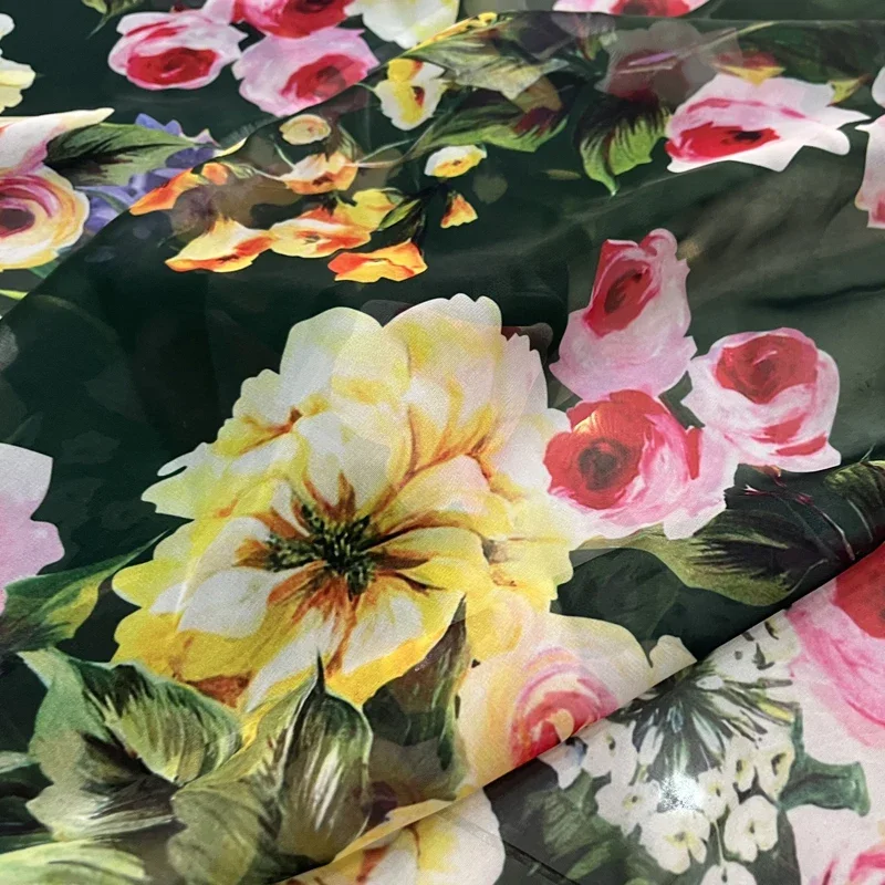 Black Background Color Rose Digital Printing Pattern Chiffon Simulation Silk Satin Material Fabric Clothing Dress DIY Fabrics