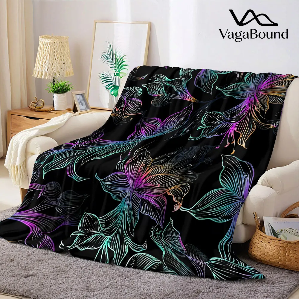 neon rainbow lily line art Flannel Blanket Warm Soft Halloween Christmas Decorative Couch Warm Cozy All-Season Gift